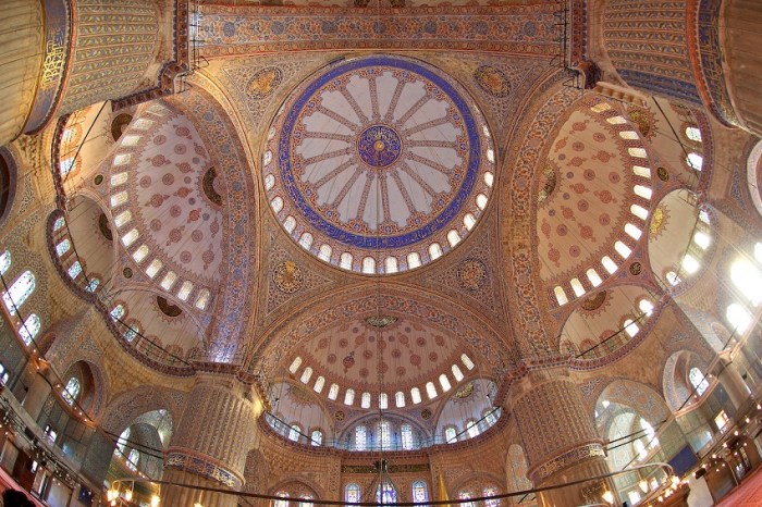 Istanbul (Turkey) Nikon D3S AF Fisheye Nikkor 16mm f/2.8D The stunning ceiling of the Blue Mosque, also known as Sultanahmet Mosque (in Turkish, "Camii")